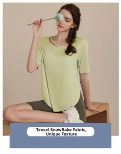 Detail of tencel snowflake fabric yoga shirt with unique criss-cross neckline design