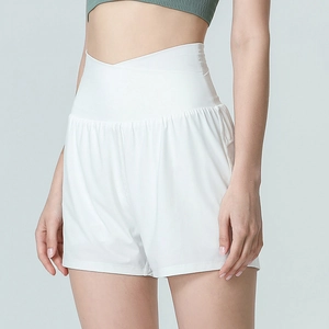 Short de Yoga Taille Haute Croisée pour Femmes Double Couche Sport Bas Avec Poche pour Téléphone Respirant Fitness Gym Short de Course