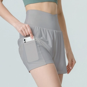 Short de sport femme taille haute double couche avec poche téléphone et taille croisée