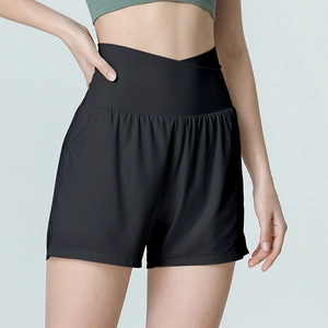 Short de sport femme taille haute avec ceinture croisée et tissu noir respirant