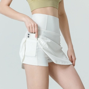 Jupe-short de tennis blanche à taille haute avec poche latérale pour course et yoga