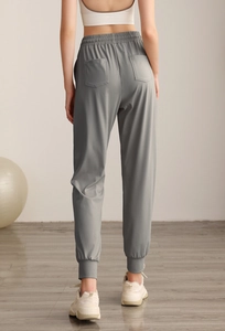 Rear view of grey high-waisted jogger pants with elastic waistband and back pockets