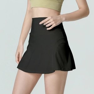 Jupe de tennis de sport 2-en-1 noire à taille haute avec short intérieur et ceinture