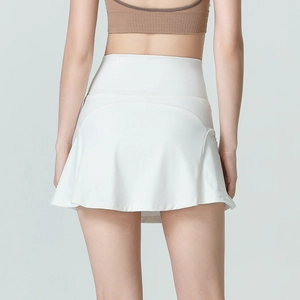 Witte tennisrok dames hoge taille met ruches en geïntegreerde sportbroek 2-in-1 design
