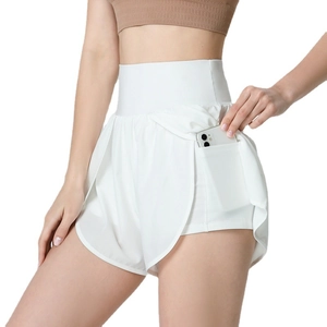 Short de sport 2-en-1 blanc taille haute pour femme avec poches et doublure intérieure
