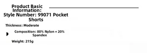 Détail montrant les spécifications techniques du short de fitness en tissu nylon de 215g