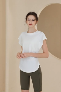 Detail showing white quick-dry sports t-shirt with ruffle sleeves and olive green cycling shorts