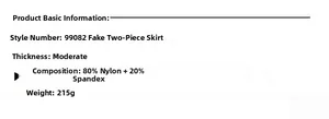 Tabella dettagliata della gonna pantalone sportiva con 80% nylon e 20% elastan