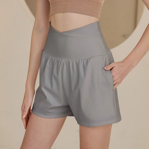 Short de Yoga Taille Haute pour Femme Taille Croisée Short de Sport Course À Pied Avec Poches Latérales Nylon Élasthanne Workout Gym