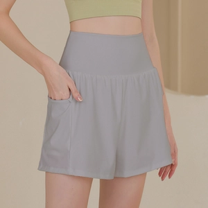 Damen Sport-Shorts in Grau mit hoher Taille und Tasche für Yoga und Lauftraining