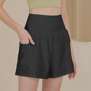 Damen High-Waist Sport-Shorts in Schwarz mit Seitentasche und schnelltrocknendem Stoff