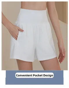 Detail view of high-waisted white sports shorts featuring functional side pockets