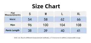 Size chart for women's nylon sports shorts showing waist, hip, and length measurements