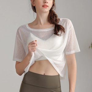 Top da Yoga Traspirante Largo da Donna Maglietta Fitness in Rete Trasparente per Corsa Professionale Sport Cover Up Athletic