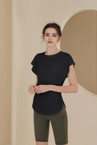 Detail view of black breathable short-sleeve sports top with side slits and round hem