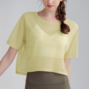 T-shirt da yoga corta giallo lime in mesh trasparente da donna per il fitness