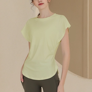 Women's Breathable Cotton Polyester Sport T-Shirt Short Sleeve Yoga Top With Ruffle Sleeve Slimming Fitness Training Tee For Gym