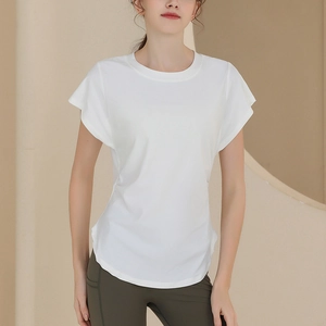 Women's white short sleeve yoga t-shirt with tulip sleeves for running and fitness