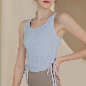 Débardeur de Sport Femme avec Cordon de Serrage Latéral Froncé Nylon Jacquard sans Manches Yoga Top Fitness Course Respirant