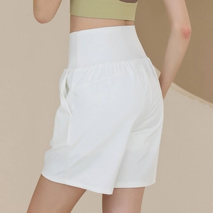 Weiße Damen Yoga-Shorts mit hoher Taille und Seitentaschen für Fitness und Laufen