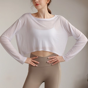 Damen Casual Viskose Nylon Atmungsaktiv Langarm Crop Top Yoga Laufen Workout Fitness T-Shirt Einfarbig Lockerer Überwurf