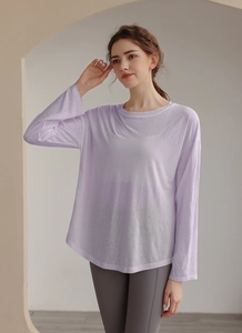 Detailed texture of lightweight semi-transparent lavender tencel yoga cover-up top