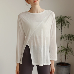 Haut de Yoga Sexy en Tencel Flocon de Neige Femme T-Shirt à Manches Longues Respirant Ample pour Course Fitness Sport