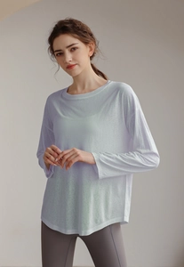 Relaxed fit light purple Tencel yoga top with long sleeves and soft drop shoulders