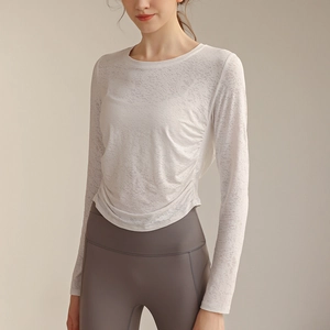 Damen Yoga T-Shirt Nylon Elasthan Jacquard Langarm Gerafft Schlanke Passform Atmungsaktiv Fitness Workout Gym Sport Top