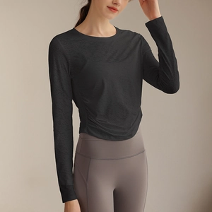 Atmungsaktives Jacquard Yoga Langarmshirt für Damen und graue Leggings Set