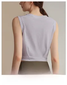 Detail view of the back and side cut of a light purple sleeveless loose yoga tank top