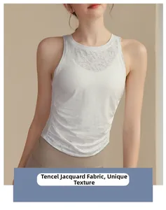 Detail of white slimming yoga vest featuring unique jacquard fabric texture and racerback