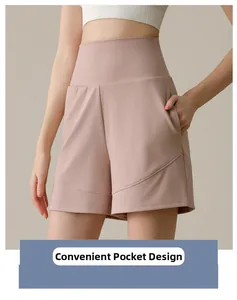 Close-up of high-waist yoga shorts in mauve with functional side pocket design