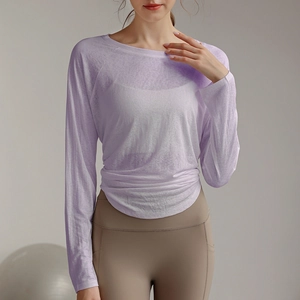 Loose fit lilac Tencel yoga long sleeve shirt with side gathering and lightweight sheer fabric