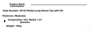 Detail chart of modal yoga top showing 95% modal fabric composition and 180g weight specifications