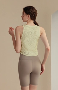 Detailed back view of a slim-fit jacquard yoga vest showing breathable fabric texture