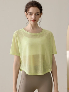 Damen-Yoga-T-Shirt in Limonengrün, leichtes und atmungsaktives Mesh-Oberteil für Sport