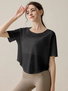 Lockeres schwarzes Yoga-T-Shirt für Damen, dünnes und atmungsaktives Fitness-Oberteil
