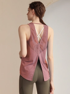 Débardeur de yoga dos nu en mesh rose poudré avec un design fendu respirant