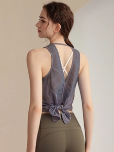 Débardeur de yoga gris dos nu en mesh avec nœud papillon et tissu respirant à séchage rapide