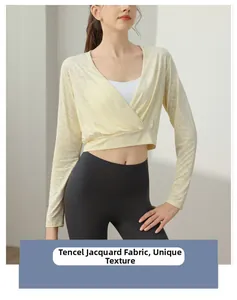 Close-up of Tencel Jacquard fabric showing unique texture on women's yoga top