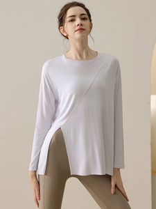 Women's Loose Modal Yoga Top Long Sleeve Split Hem Sport T-Shirt Breathable Fitness Running Pilates Workout Cover Up
