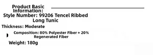 Specifications of rib-knit long yoga cover-up showing 80% polyester fabric details