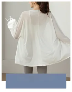 Detail of white semi-transparent tencel sun protection jacket with breathable mesh texture