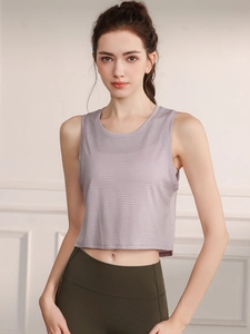 Débardeur de Sport pour Femmes Maille Jacquard Respirante Yoga Crop Top Nylon Élasthanne Sans Manches Fitness Shirt Top