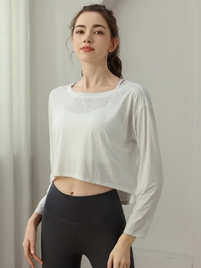 Crop Top à Manches Longues pour Femmes en Jacquard Respirant T-Shirt de Yoga Séchage Rapide Haut de Sport Running
