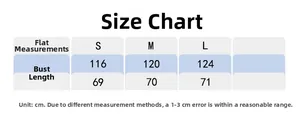 Size chart for women's loose yoga top showing bust and length measurements in centimeters