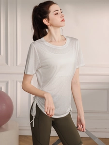 Women's Viscose Loose Yoga Top Side Drawstring Ruched Sports T-Shirt Breathable Short Sleeve Fitness Workout Gym Tunic