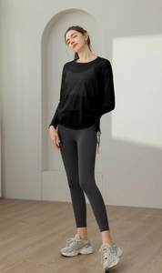 Women's black long sleeve yoga cover up with drawstring and grey leggings set