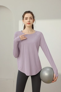 Λεβάντα jacquard μπλούζα γιόγκα με τρύπες για αντίχειρες και ανοιχτή πλάτη για πιλάτες